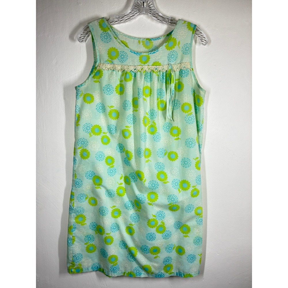Vintage Dutchmaid Blue Green Floral Mod Shift Nightgown Dress Medium 12 28-30